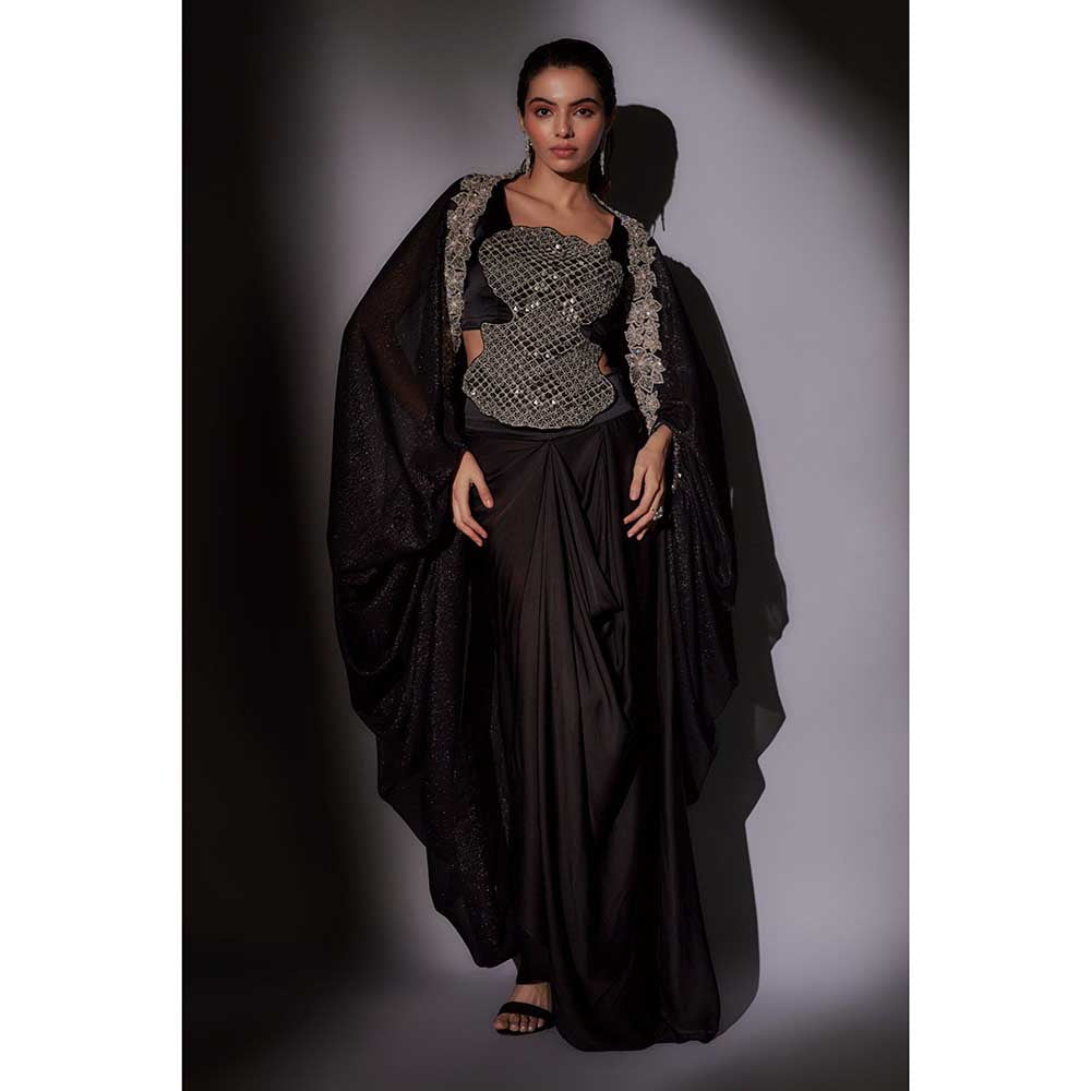 Ajiesh Oberoi Black Heavy Hand Embroidered Top with Cape and Skirt (Set of 3)