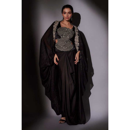 Ajiesh Oberoi Black Heavy Hand Embroidered Top with Cape and Skirt (Set of 3)