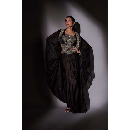 Ajiesh Oberoi Black Heavy Hand Embroidered Top with Cape and Skirt (Set of 3)