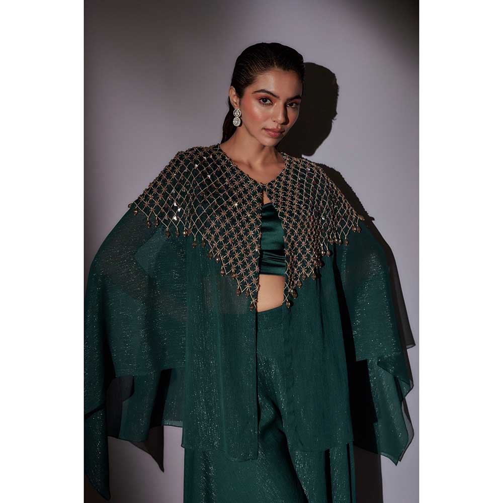 Ajiesh Oberoi Green Hand Embroidered Cape with Bustier and Palazzo (Set of 3)