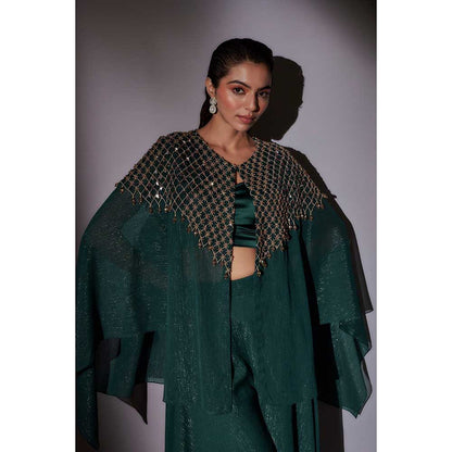 Ajiesh Oberoi Green Hand Embroidered Cape with Bustier and Palazzo (Set of 3)