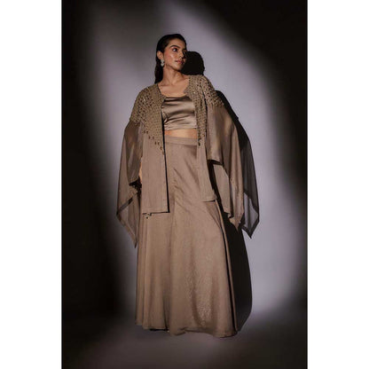Ajiesh Oberoi Beige Hand Embroidered Cape with Bustier and Palazzo (Set of 3)