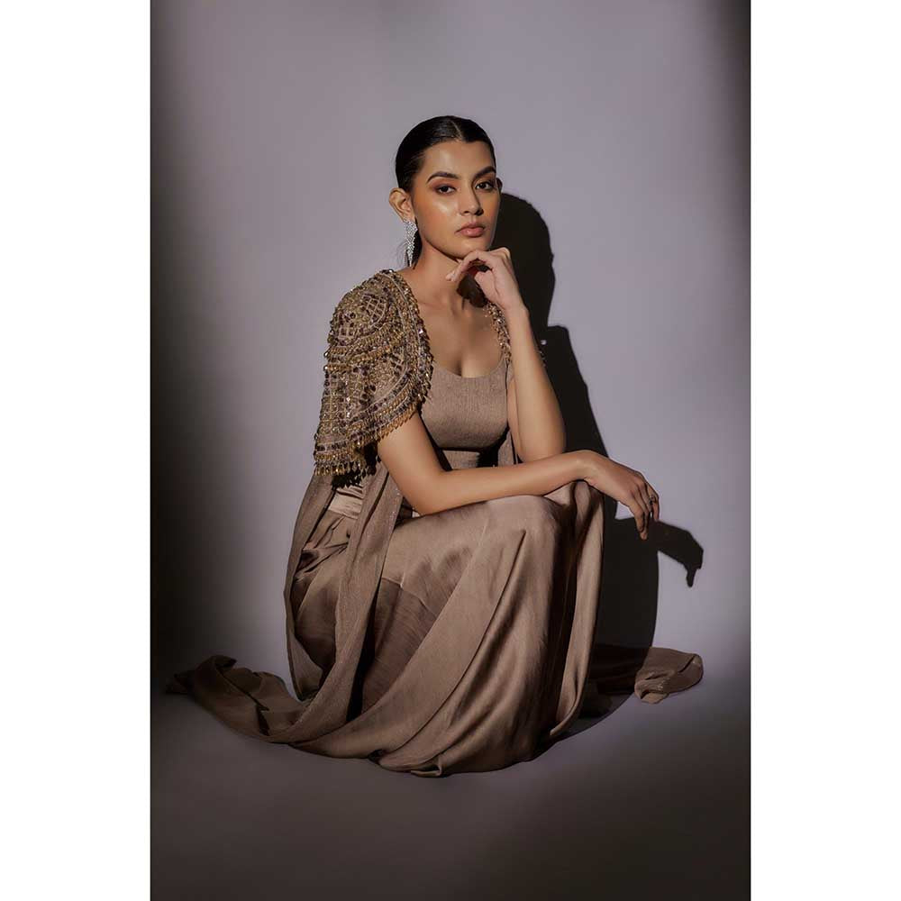 Ajiesh Oberoi Beige Heavy Hand Embroidered Cape with Bustier and Skirt (Set of 3)