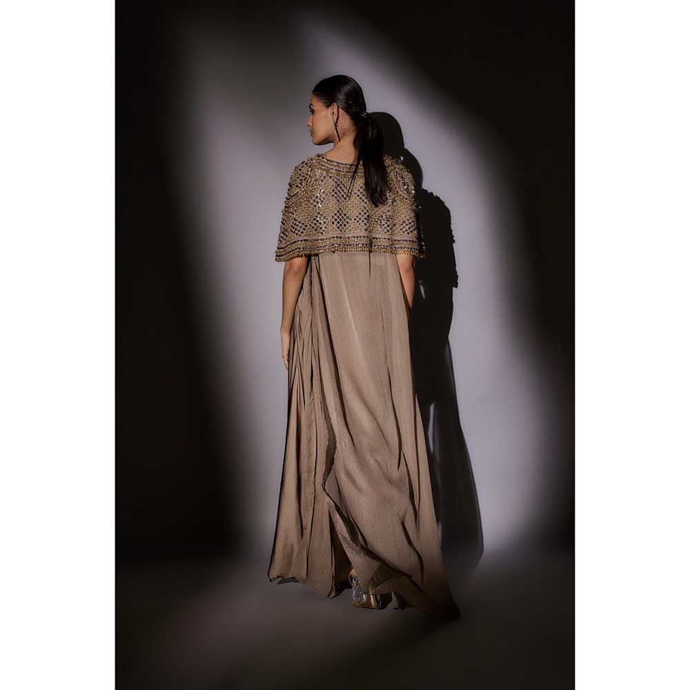 Ajiesh Oberoi Beige Heavy Hand Embroidered Cape with Bustier and Skirt (Set of 3)