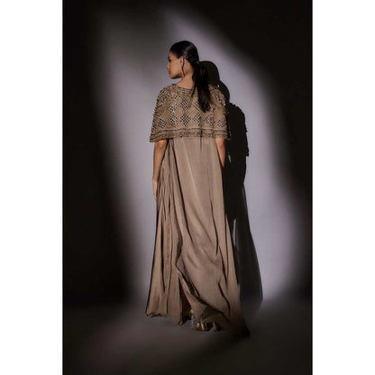 Ajiesh Oberoi Beige Heavy Hand Embroidered Cape with Bustier and Skirt (Set of 3)