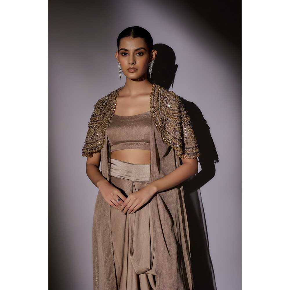 Ajiesh Oberoi Beige Heavy Hand Embroidered Cape with Bustier and Skirt (Set of 3)