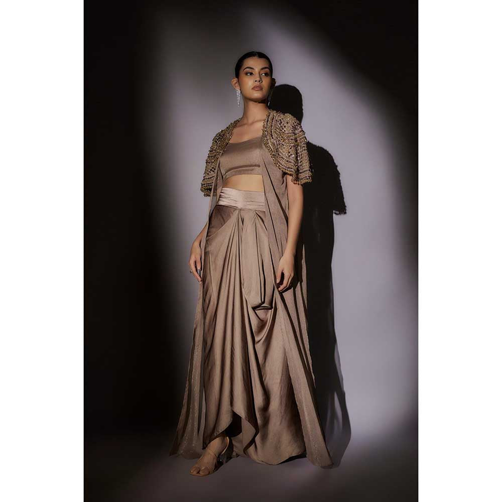 Ajiesh Oberoi Beige Heavy Hand Embroidered Cape with Bustier and Skirt (Set of 3)