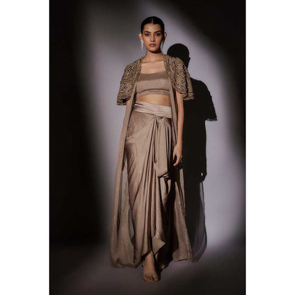 Ajiesh Oberoi Beige Heavy Hand Embroidered Cape with Bustier and Skirt (Set of 3)