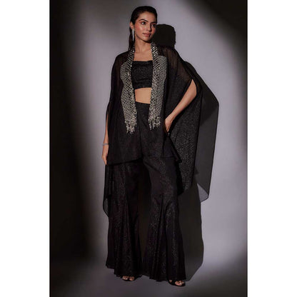 Ajiesh Oberoi Black Embroidered Cape with Bustier and Sharara (Set of 3)