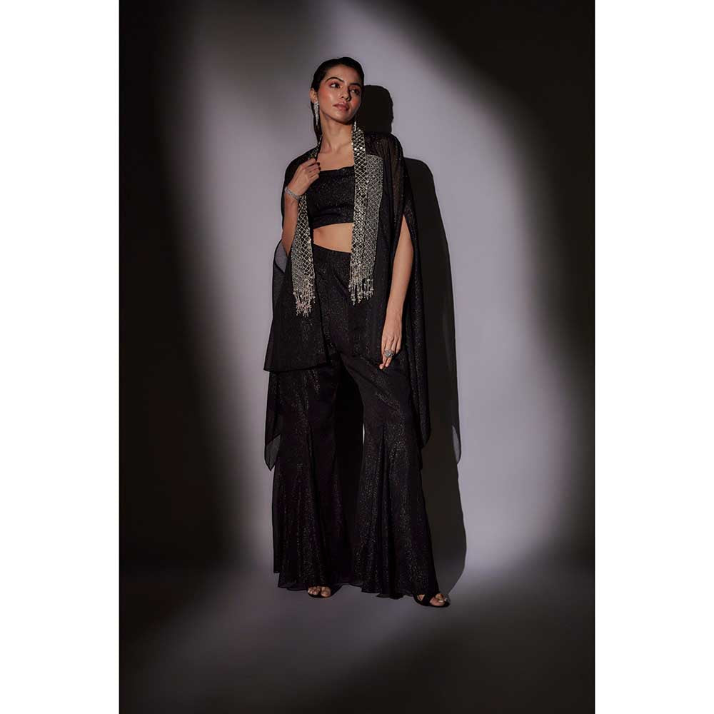Ajiesh Oberoi Black Embroidered Cape with Bustier and Sharara (Set of 3)