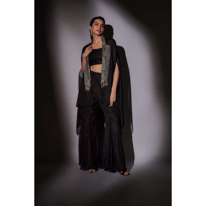 Ajiesh Oberoi Black Embroidered Cape with Bustier and Sharara (Set of 3)