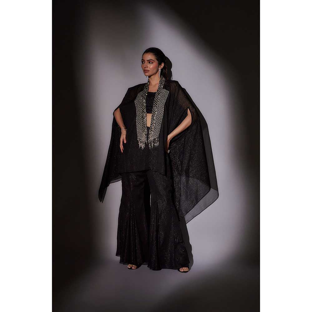 Ajiesh Oberoi Black Embroidered Cape with Bustier and Sharara (Set of 3)