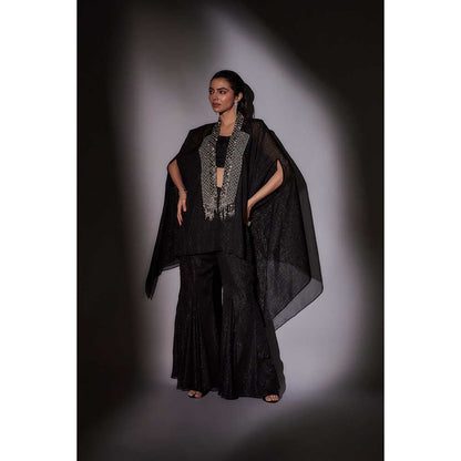 Ajiesh Oberoi Black Embroidered Cape with Bustier and Sharara (Set of 3)