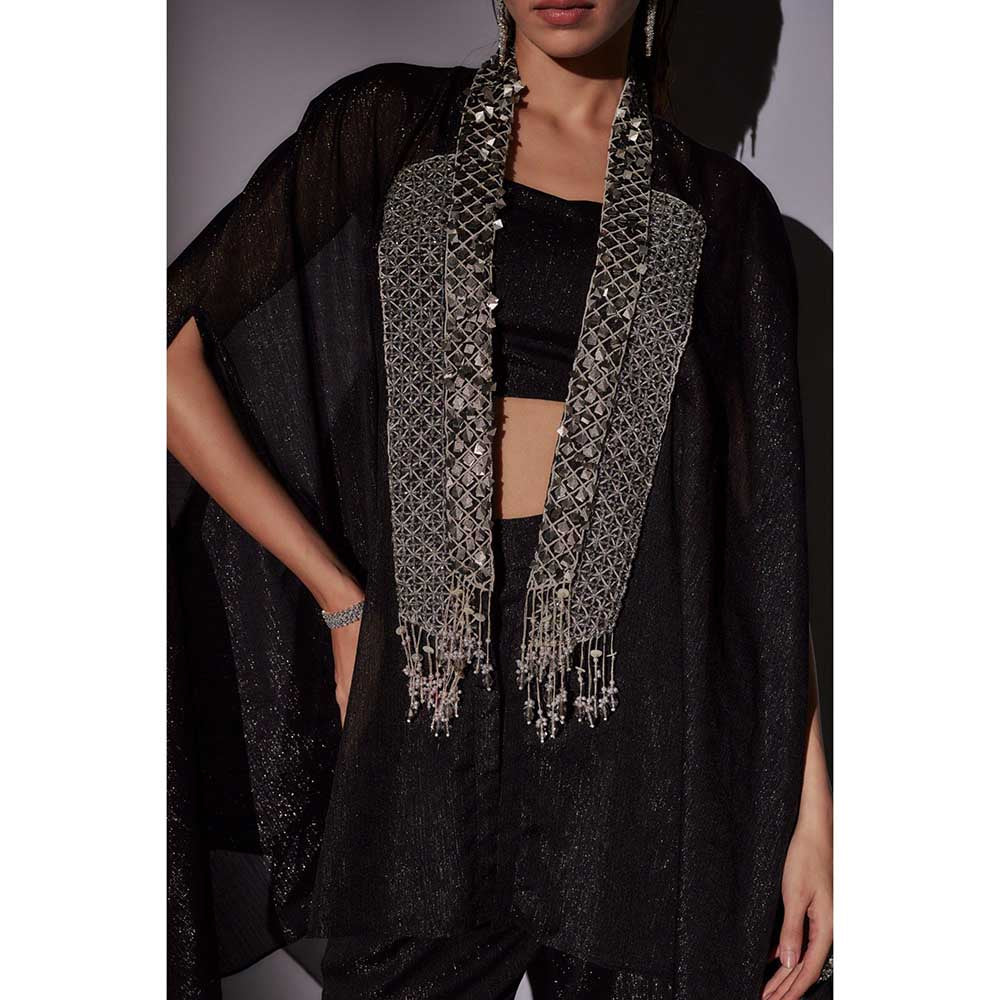 Ajiesh Oberoi Black Embroidered Cape with Bustier and Sharara (Set of 3)