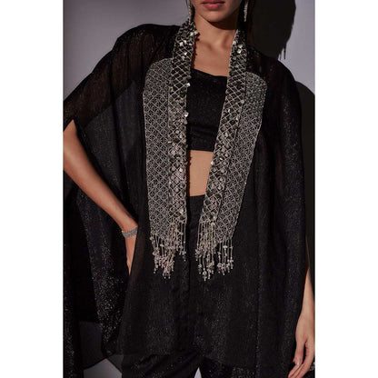 Ajiesh Oberoi Black Embroidered Cape with Bustier and Sharara (Set of 3)