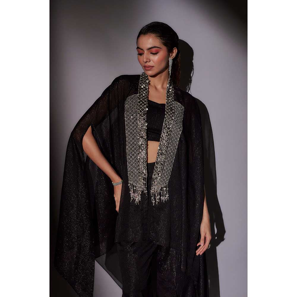 Ajiesh Oberoi Black Embroidered Cape with Bustier and Sharara (Set of 3)