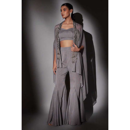 Ajiesh Oberoi Grey Embroidered Cape with Bustier and Sharara (Set of 3)
