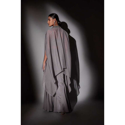 Ajiesh Oberoi Grey Embroidered Cape with Bustier and Sharara (Set of 3)
