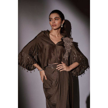 Ajiesh Oberoi Brown Richa Bohemian Inspired Pre Draped Saree with Stitched Blouse