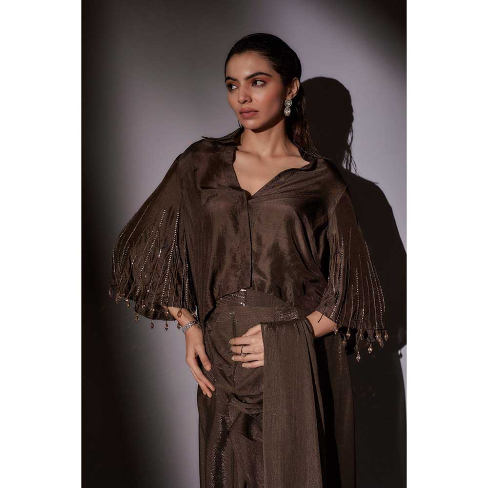 Ajiesh Oberoi Brown Richa Bohemian Inspired Pre Draped Saree with Stitched Blouse