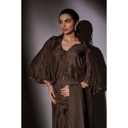 Ajiesh Oberoi Brown Richa Bohemian Inspired Pre Draped Saree with Stitched Blouse