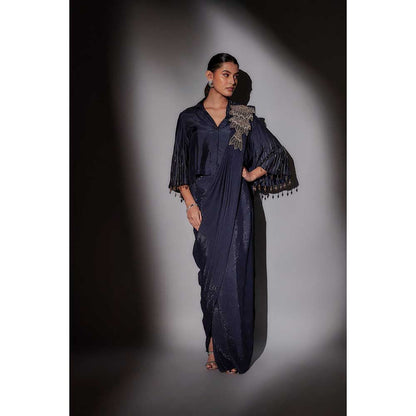 Ajiesh Oberoi Navy Blue Richa Bohemian Inspired Pre Draped Saree with Stitched Blouse