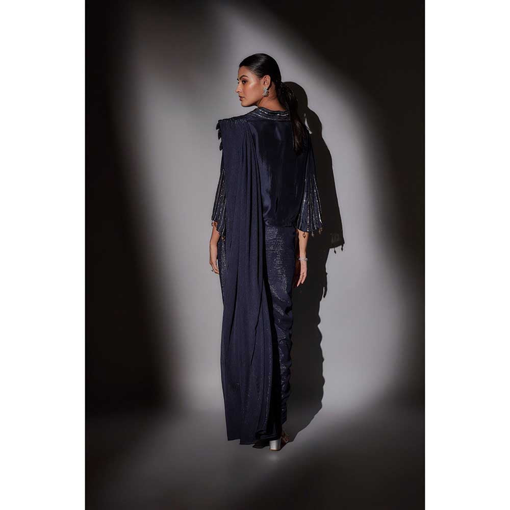 Ajiesh Oberoi Navy Blue Richa Bohemian Inspired Pre Draped Saree with Stitched Blouse