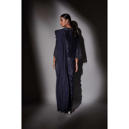 Ajiesh Oberoi Navy Blue Richa Bohemian Inspired Pre Draped Saree with Stitched Blouse