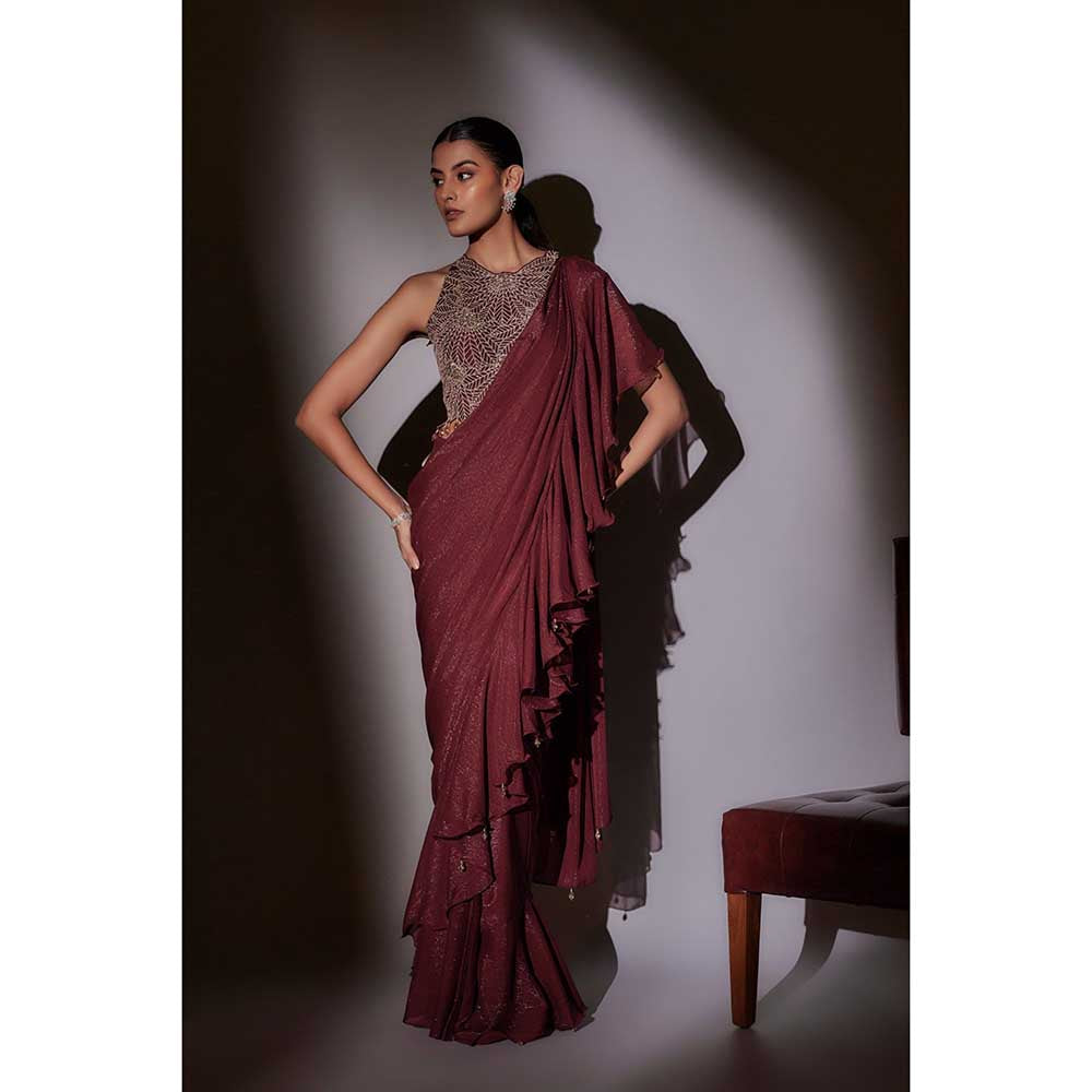 Ajiesh Oberoi White Sana Leaf Embroidery Frill Pre Draped Saree with Stitched Blouse
