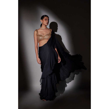 Ajiesh Oberoi Black Shaina Frill Pre Draped Saree with Stitched Blouse