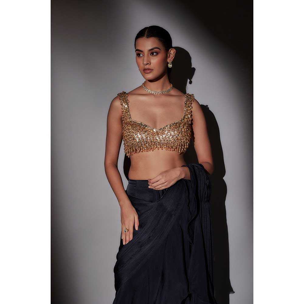 Ajiesh Oberoi Black Shaina Frill Pre Draped Saree with Stitched Blouse