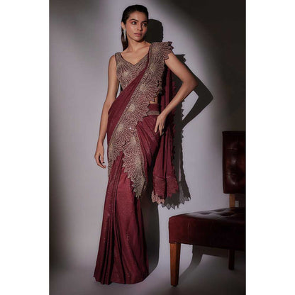 Ajiesh Oberoi Maroon Sarah Heavy Leaf Hand Embroidered Pre Draped Saree with Stitched Blouse