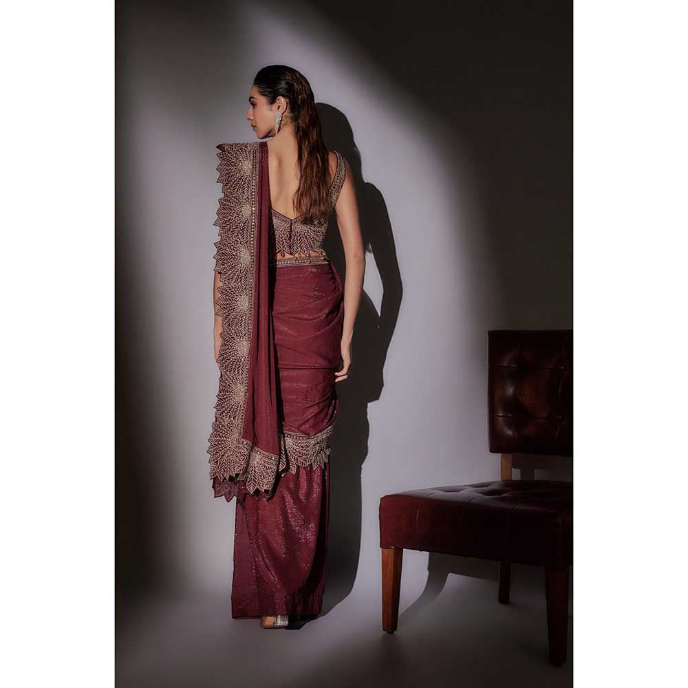 Ajiesh Oberoi Maroon Sarah Heavy Leaf Hand Embroidered Pre Draped Saree with Stitched Blouse