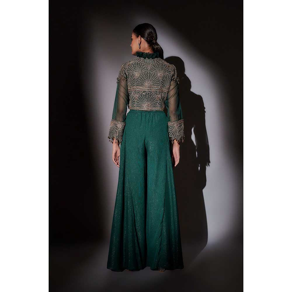 Ajiesh Oberoi Green Crop Jacket with Bustier and Flared Palazzo (Set of 3)