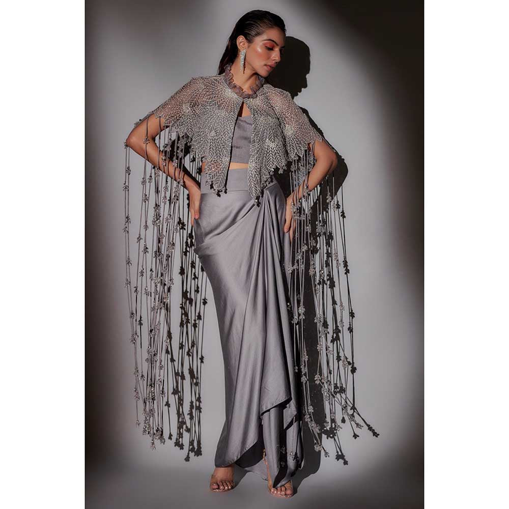 Ajiesh Oberoi Grey Begum Crystal Bustier with Cape and Skirt (Set of 3)