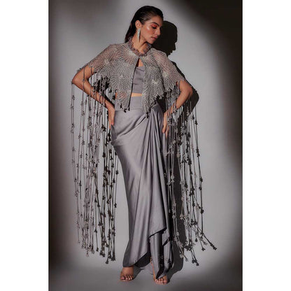 Ajiesh Oberoi Grey Begum Crystal Bustier with Cape and Skirt (Set of 3)