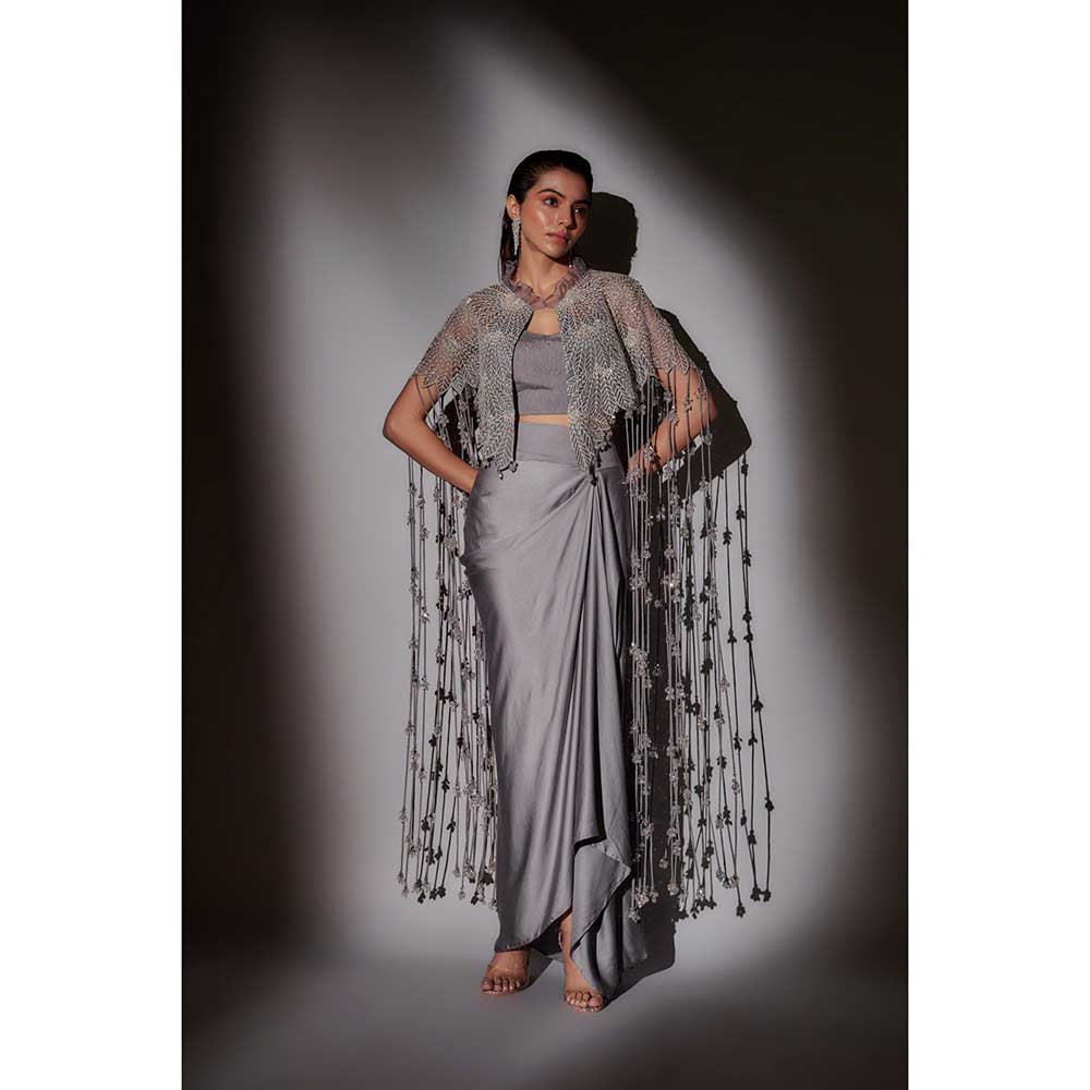 Ajiesh Oberoi Grey Begum Crystal Bustier with Cape and Skirt (Set of 3)