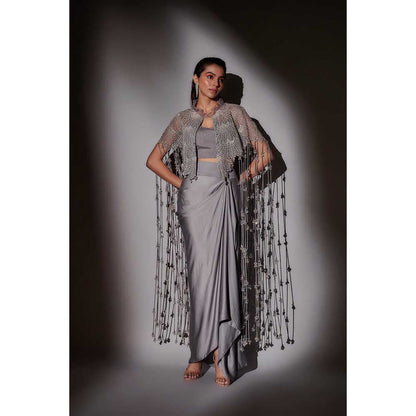 Ajiesh Oberoi Grey Begum Crystal Bustier with Cape and Skirt (Set of 3)