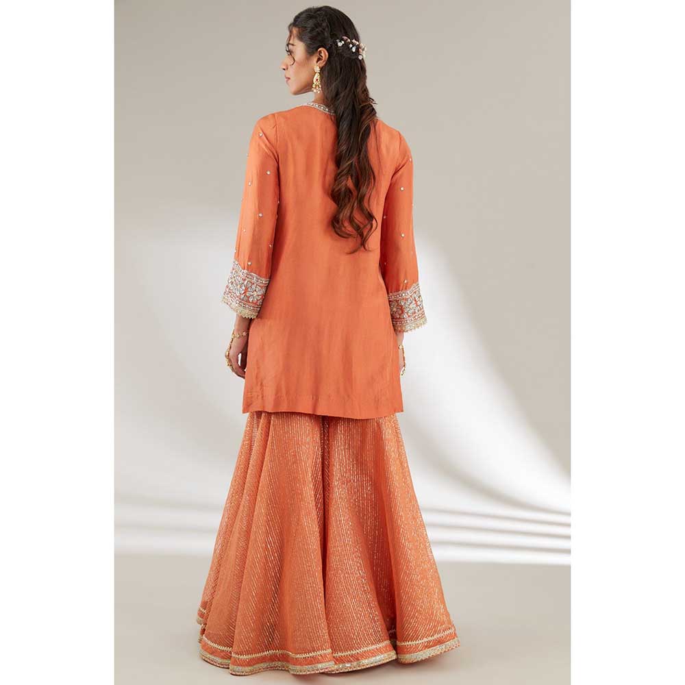 Ajiesh Oberoi Orange Embroidered Short Kurta with Sharara and Dupatta (Set of 3)
