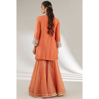 Ajiesh Oberoi Orange Embroidered Short Kurta with Sharara and Dupatta (Set of 3)