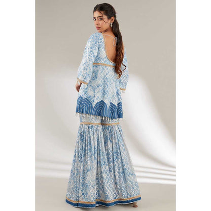 Ajiesh Oberoi Blue Front Cut Peplum Short Kurta with Flared Sharara (Set of 2)