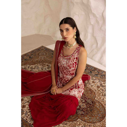 Ajiesh Oberoi Red Prisha Short Kurta with Sharara and Dupatta (Set of 3)