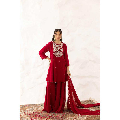 Ajiesh Oberoi Red Anchal Peplum Top with Sharara and Dupatta (Set of 3)