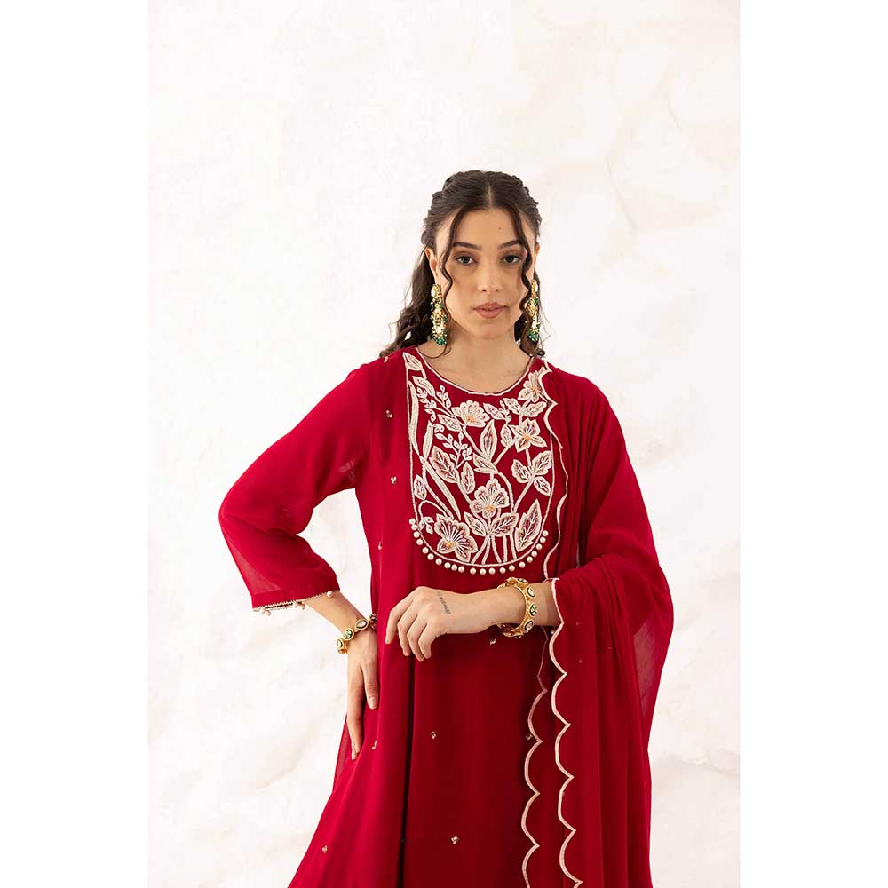 Ajiesh Oberoi Red Anchal Peplum Top with Sharara and Dupatta (Set of 3)