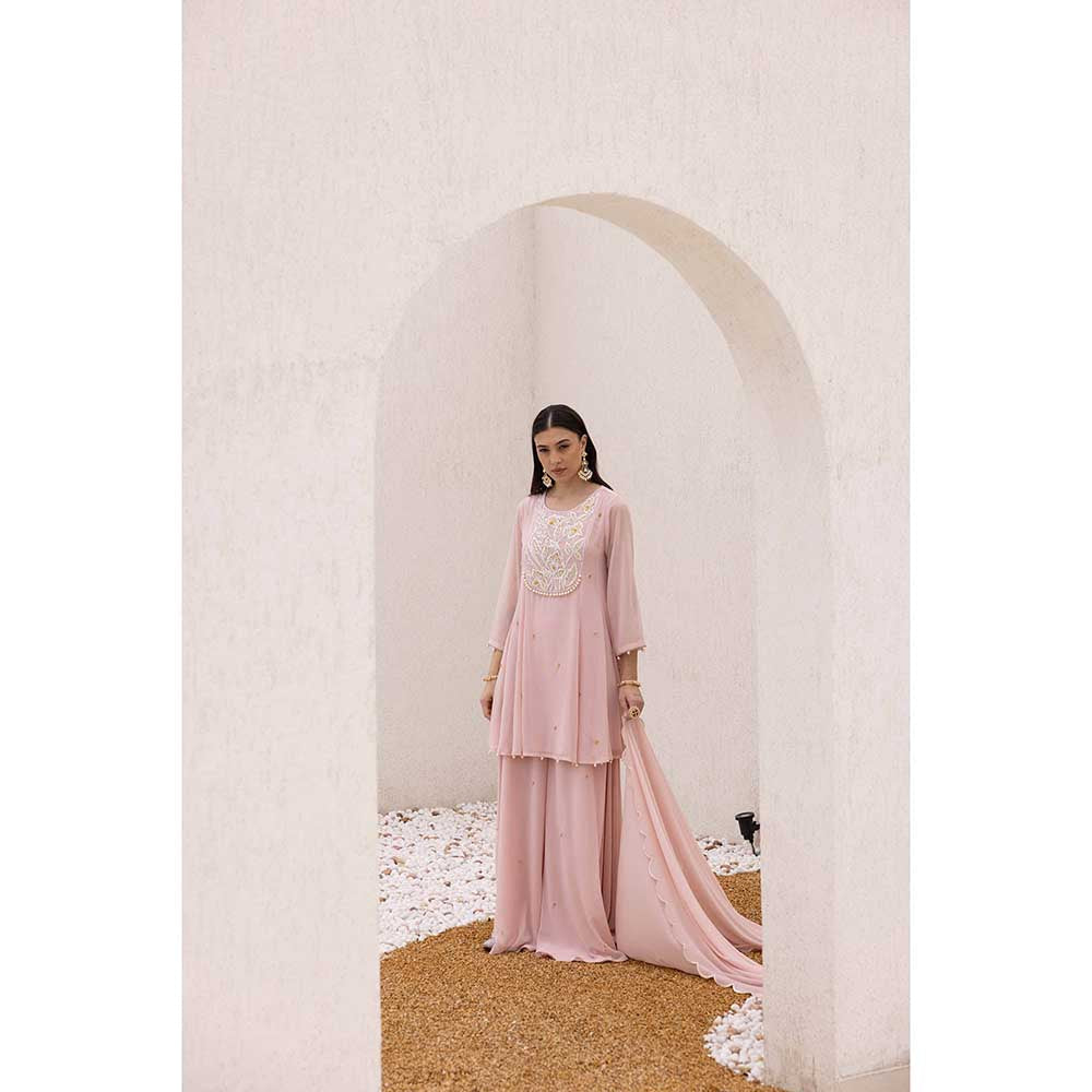 Ajiesh Oberoi Pink Anchal Peplum Top with Sharara and Dupatta (Set of 3)
