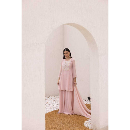 Ajiesh Oberoi Pink Anchal Peplum Top with Sharara and Dupatta (Set of 3)