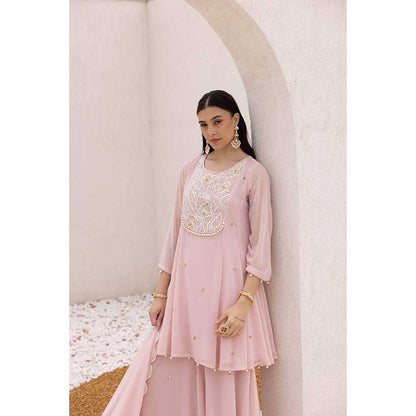 Ajiesh Oberoi Pink Anchal Peplum Top with Sharara and Dupatta (Set of 3)