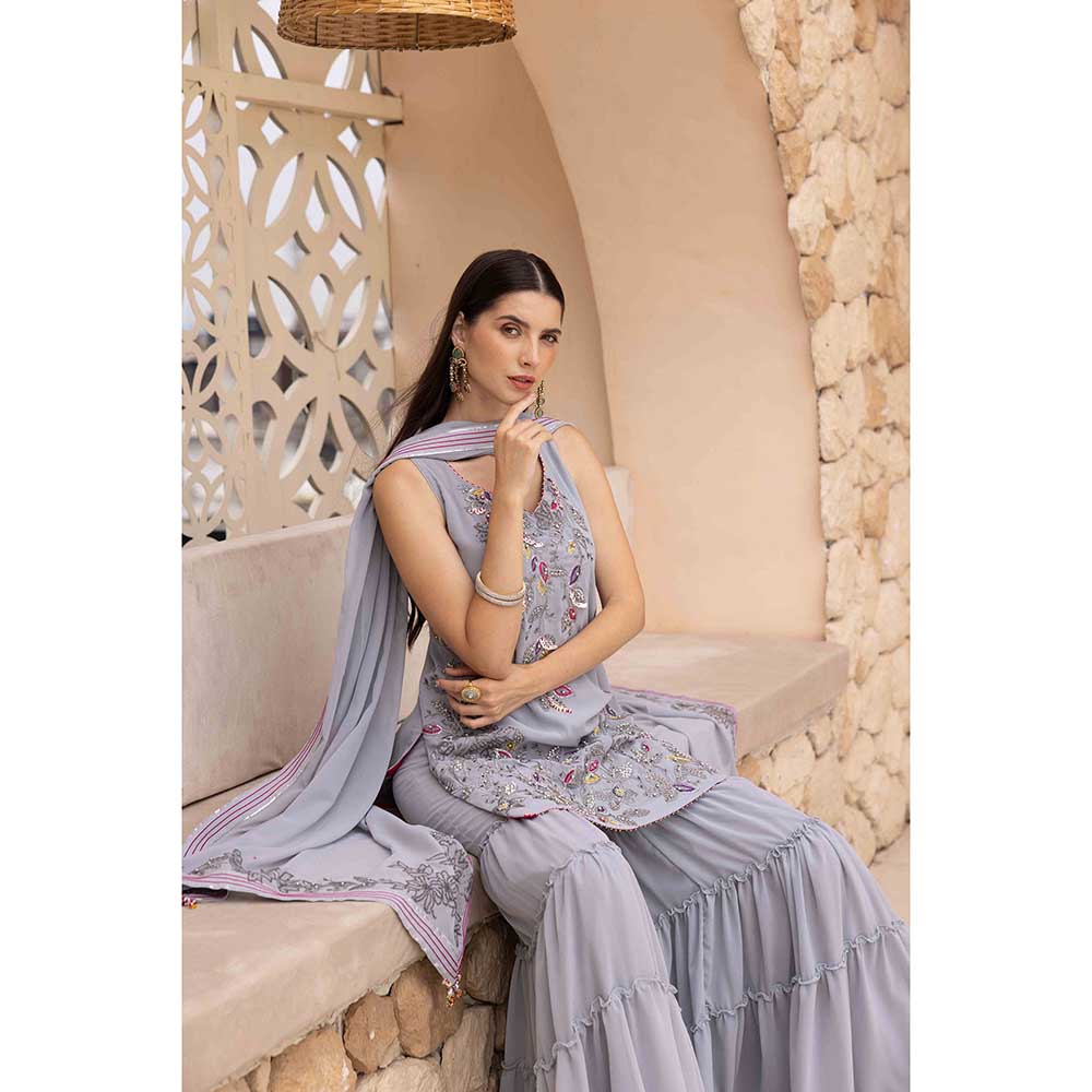Ajiesh Oberoi Grey Jiya Short Kurti with Sharara and Dupatta (Set of 3)