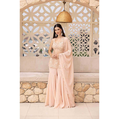 Ajiesh Oberoi Peach Surat Peplum Top with Sharara and Dupatta (Set of 3)