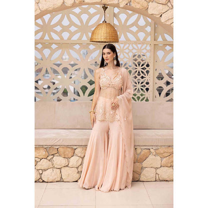 Ajiesh Oberoi Peach Surat Peplum Top with Sharara and Dupatta (Set of 3)